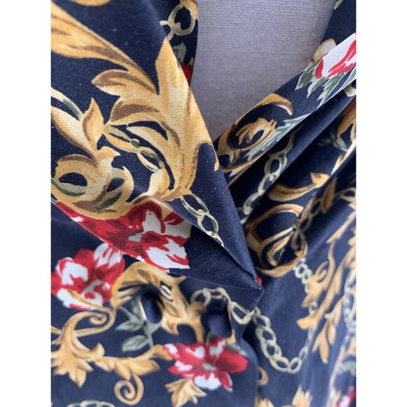 Vintage Silk Blouse Black Gold Key Baroque Chain Floral Print Top Saks 12 - Picture 11 of 14